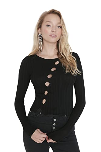Trendyol Damen Woman Crop Bodycon Round Collar Knitwear Blouse Hemd, Black, 40 von TRENDYOL