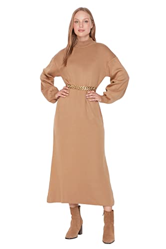 Trendyol Damen Woman Design Maxi Smock Crew Neck Woven Dress Kleid, Camel, S von TRENDYOL