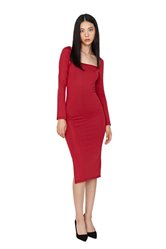 Trendyol Damen Woman Midi Bodycon Karrée-Ausschnitt Gestrickt Kleid, Burgund, S von TRENDYOL