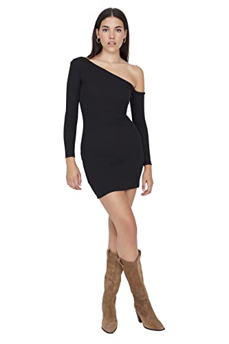 Trendyol Damen Woman Mini Bodycon Asymmetrischer Kragen Gestrickt Kleid, Schwarz, XS von TRENDYOL