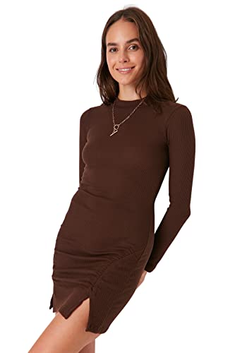 Trendyol Damen Woman Mini Bodycon Rundhalsausschnitt Gestrickt Kleid, Brown, S von TRENDYOL