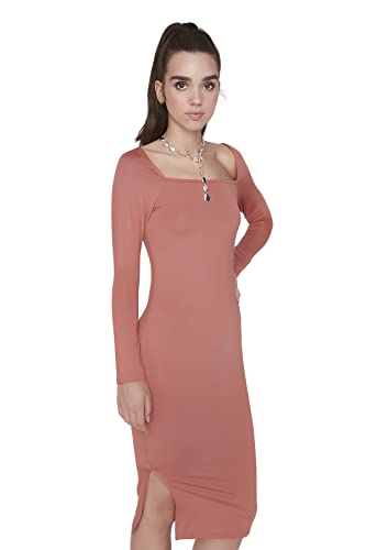 Trendyol Damen Woman Mini Bodycon Rundhalsausschnitt Gestrickt Kleid, Zimt, L von TRENDYOL
