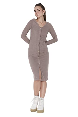 Trendyol Damen Woman Mini Bodycon Rundhalsausschnitt Gestrickt Kleid, beige, L von TRENDYOL
