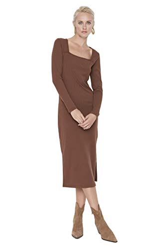 Trendyol Damen Woman Mini Strickkleid Rundhalsausschnitt Trikot Kleid, braun, Large von TRENDYOL