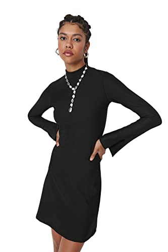 TRENDYOL Damen Woman Petite Mini Ruffle Hem Crew Neck Woven Dress Kleid, Schwarz, M von TRENDYOL