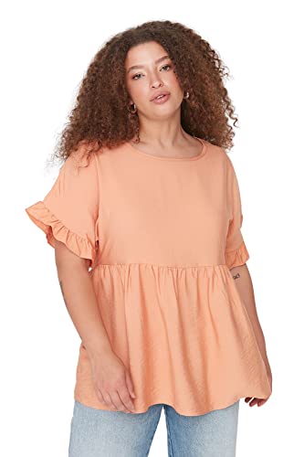 Trendyol Damen Woman Regular A-line Crew Neck Woven Plus Size Blouse Hemd, Orange, 44 von TRENDYOL