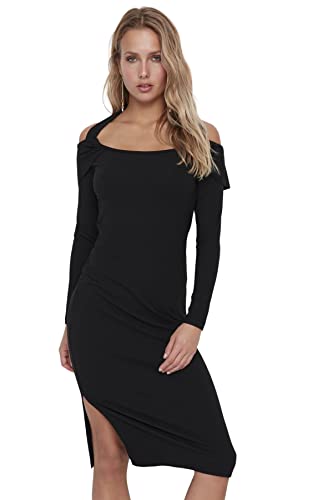 Trendyol Damen Woman Übergröße Midi Standard Rundhalsausschnitt Gestrickt Größen Kleid, Schwarz, Medium von TRENDYOL