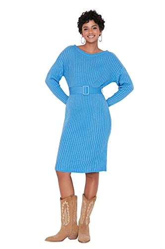 Trendyol Damen Woman Übergröße Mini Bodycon Rundhalsausschnitt Gestrickt Größen Kleid, Blue, S von TRENDYOL