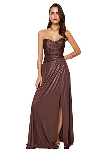 Trendyol Damen Women A-line Fitted Knit Evening Dress A-Linie tailliertes Strick-Abendkleid, Bronze, 38 von TRENDYOL