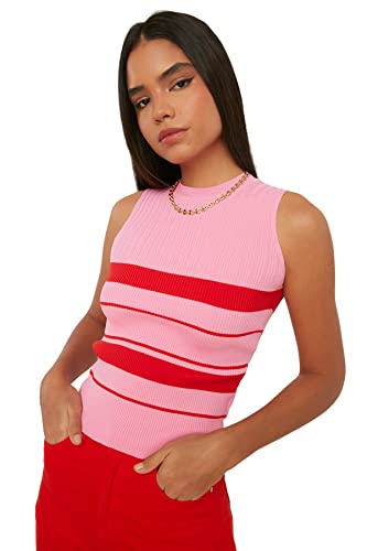 Trendyol Damen Women Crew Neck Knitwear Blouse Slim Fit Basic Strickbluse mit Rundhalsausschnitt, Pink, Small von TRENDYOL
