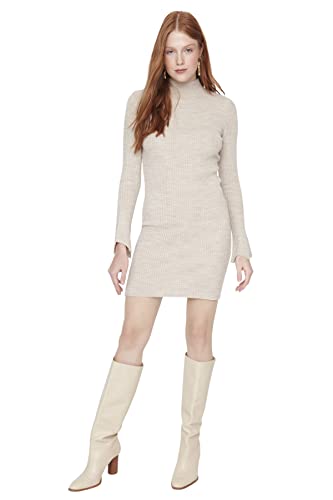 Trendyol Damen Women Mini Bodycon Slim fit Knitwear Dress Kleid, beige, Small von TRENDYOL