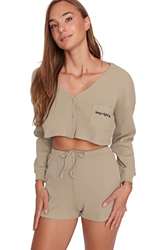 Trendyol Damen Women Plain Button Detailed Middle Knit T-Shirt-Short Pajama Set Pyjama, Beige, XL von TRENDYOL