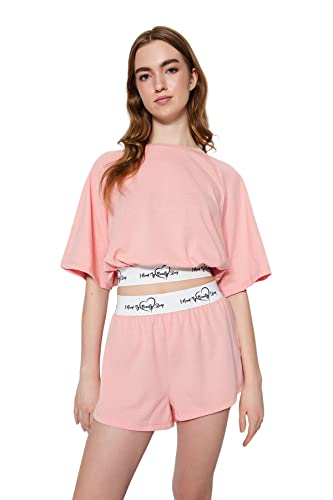 Trendyol Damen Women Plain Elastic Waist Detailed Knit T-Shirt-Short Pajama Set Pyjama, Light pink, L von TRENDYOL