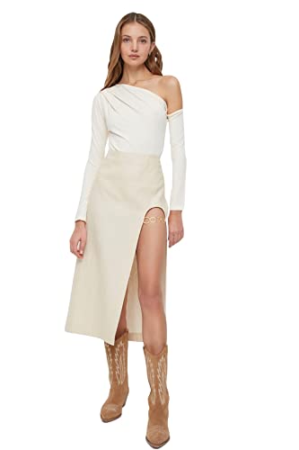 Trendyol Damen Women Shirred/Draped Detailed Middle Knit Plain Geraffter/drapierter detaillierter Mittelstrick-Bodysuit, Ecru, Small von TRENDYOL