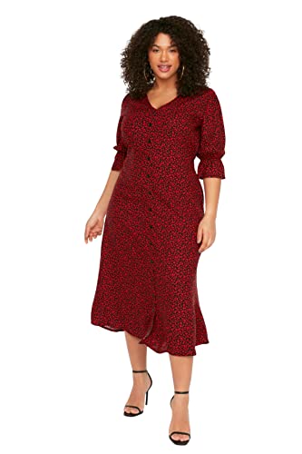 Trendyol Damen Women Shirt Woven Plus Size Dress Midi-Hemdkleid, Regular Fit, gewebtes Kleid in Übergröße, Red, 44 von TRENDYOL