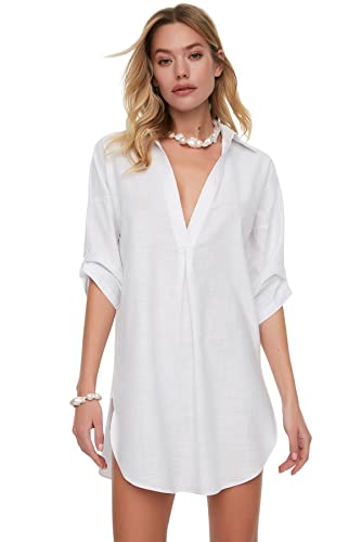 Trendyol Damen Women Woven Dress Beachwear Mini Basic Relaxed Fit Webkleid, weiß, 62 von TRENDYOL