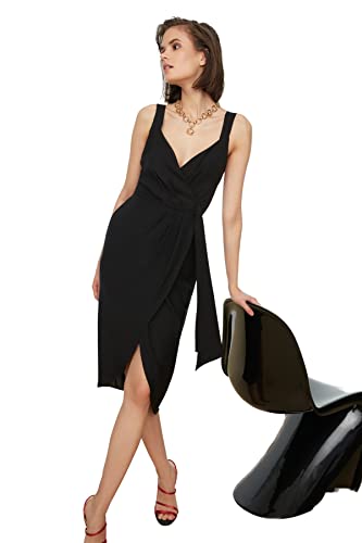 Trendyol Damen Women Wrapover Regular fit Woven Dress Midi-Wickelkleid mit normaler Passform, Black, 34 von TRENDYOL