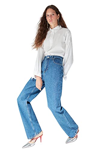 Trendyol Damen hoher Taille, weites Bein, Jeans Hose, dunkelblau, 62 von TRENDYOL