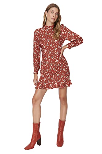 Trendyol Frau Mini A-Linie Regular Fit Webstoff Kleid, Braun, EU 34 von TRENDYOL