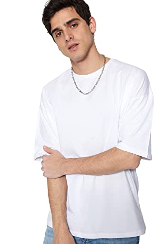 Trendyol Herren Basic Oversize Standard Crew Neck Woven T-Shirt Hemd, weiß, Medium von TRENDYOL
