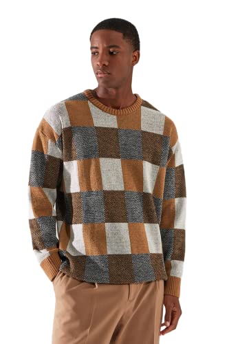 Trendyol Herren Crew Neck Plaid Oversize Sweater Sweatshirt, Camel, Medium von TRENDYOL