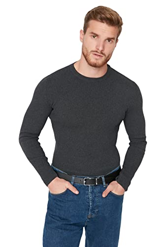 Trendyol Herren Einfarbiger taillierter Pullover mit Rundhalsausschnitt Sweatshirt, anthrazit, Small von TRENDYOL