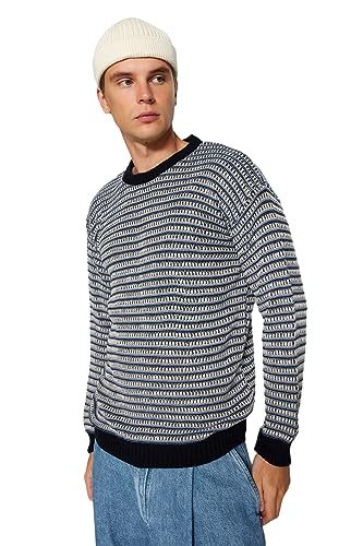 Trendyol Herren Gestreifter Pullover mit Rundhalsausschnitt Sweatshirt, Marineblau, XXL von TRENDYOL