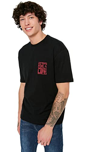 Trendyol Herren Herren Entspannte Passform Rundhals Null Hülse Gedrucktes T-shirt T Shirt, Schwarz, S EU von TRENDYOL