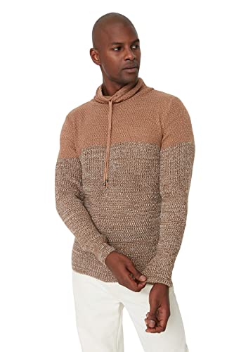 Trendyol Herren High Neck Colorblock Slim Sweater Sweatshirt, Camel, XL von TRENDYOL