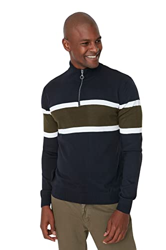 Trendyol Herren High Neck Colorblock Slim Sweater Sweatshirt, Marineblau, XL von TRENDYOL