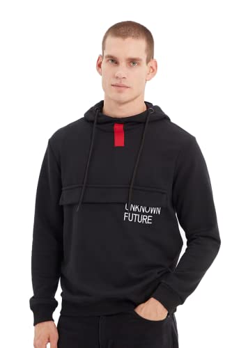 Trendyol Herren Kapuze mit Slogan Slim Sweatshirt, Schwarz, L von TRENDYOL