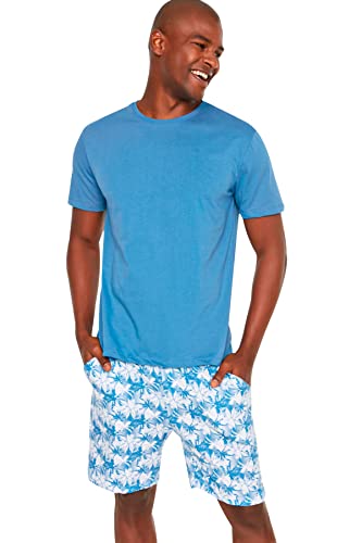 Trendyol Herren Male Regular Fit Palm Printed Pyjama Team Pajama Set, Blau, M EU von TRENDYOL