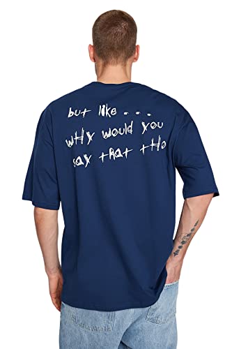 Trendyol Herren Man Oversize Basic Crew Neck Woven T-Shirt, Indigo, XS von TRENDYOL
