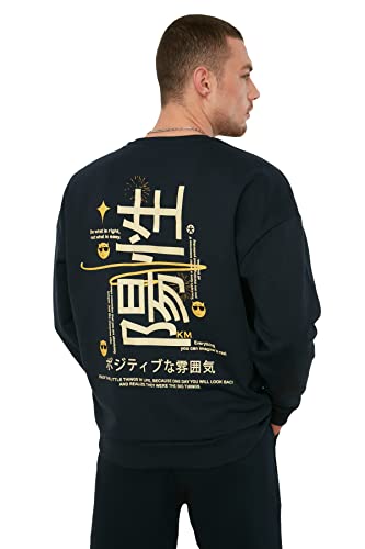 Trendyol Herren Marineblaues Männliches Übergröße mit Langem Hülsenrad-kragen-druck Sweatshirt, Navy, M EU von TRENDYOL