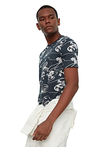 Trendyol Herren Men's Slim Fit Round Collar Short Sleeve Print T-shirt T Shirt, Navy, M EU von TRENDYOL