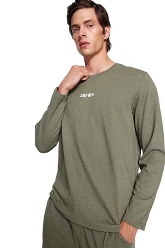 Trendyol Herren Motto Lange Ärmel Freizeitkleidung Regulär Pyjama-Set Pajama Set, Khaki, XL EU von TRENDYOL