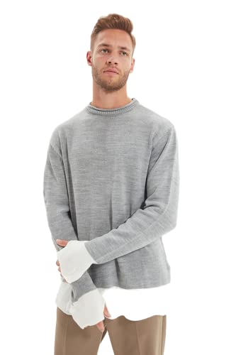 Trendyol Herren Normaler Pullover mit Rundhalsausschnitt und Colorblock Sweatshirt, grau, X-Large von TRENDYOL