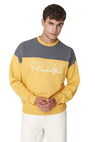 Trendyol Herren Oversize Rundhalsausschnitt und Slogan Sweatshirt, gelb, XS von TRENDYOL