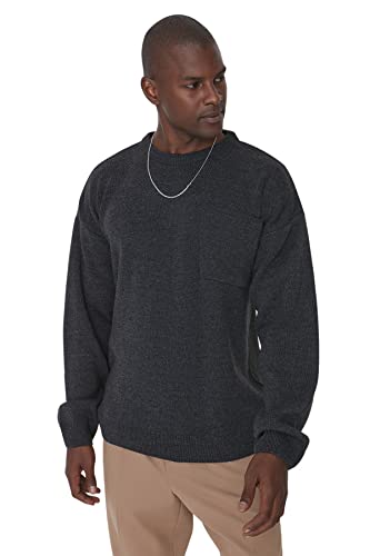 Trendyol Herren Pullover mit Rundhalsausschnitt, einfarbig, Oversize Sweatshirt, anthrazit, Small von TRENDYOL