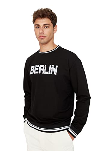 Trendyol Herren Relaxed Rundhalsausschnitt und Slogan Sweatshirt, Schwarz, L von TRENDYOL