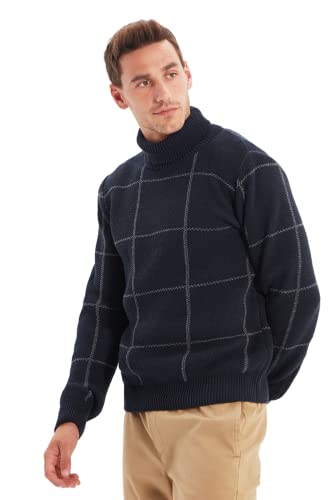 TRENDYOL Herren Rollkragenpullover, Kariert, Schmal Sweatshirt, Navy Blau, M von TRENDYOL