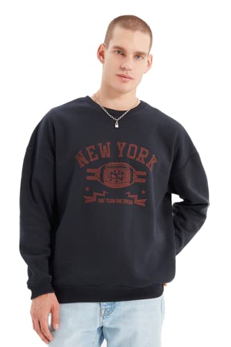 Trendyol Herren Rundhalsausschnitt und Slogan Regular Sweatshirt, Marineblau, M von TRENDYOL