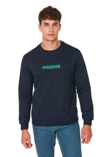 Trendyol Herren Rundhalsausschnitt und Slogan Regular Sweatshirt, Marineblau, M von TRENDYOL