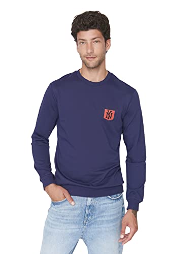 Trendyol Herren Rundhalsausschnitt und Slogan Regular Sweatshirt, Marineblau, XXL von TRENDYOL