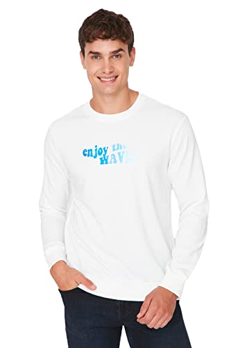 Trendyol Herren Rundhalsausschnitt und Slogan Regular Sweatshirt, Natur, M von TRENDYOL