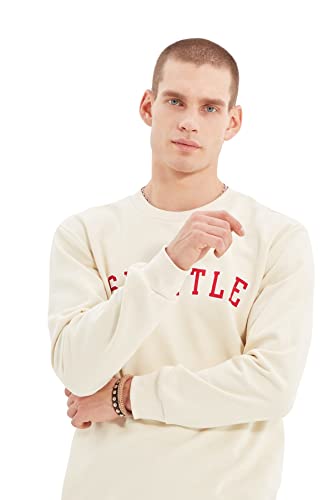 Trendyol Herren Rundhalsausschnitt und Slogan Regular Sweatshirt, Stone, L von TRENDYOL