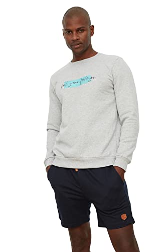 Trendyol Herren Rundhalsausschnitt und Slogan Regular Sweatshirt, grau, XL von TRENDYOL