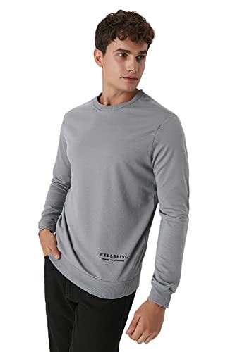 Trendyol Herren Rundhalsausschnitt und Slogan Regular Sweatshirt, grau, XXL Größen von TRENDYOL