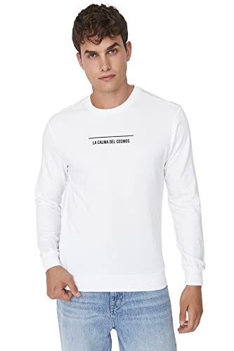 Trendyol Herren Rundhalsausschnitt und Slogan Regular Sweatshirt, weiß, L von TRENDYOL