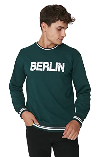 TRENDYOL Herren Rundhalsausschnitt und Slogan Relaxed Sweatshirt, Smaragdgrün, XL von TRENDYOL